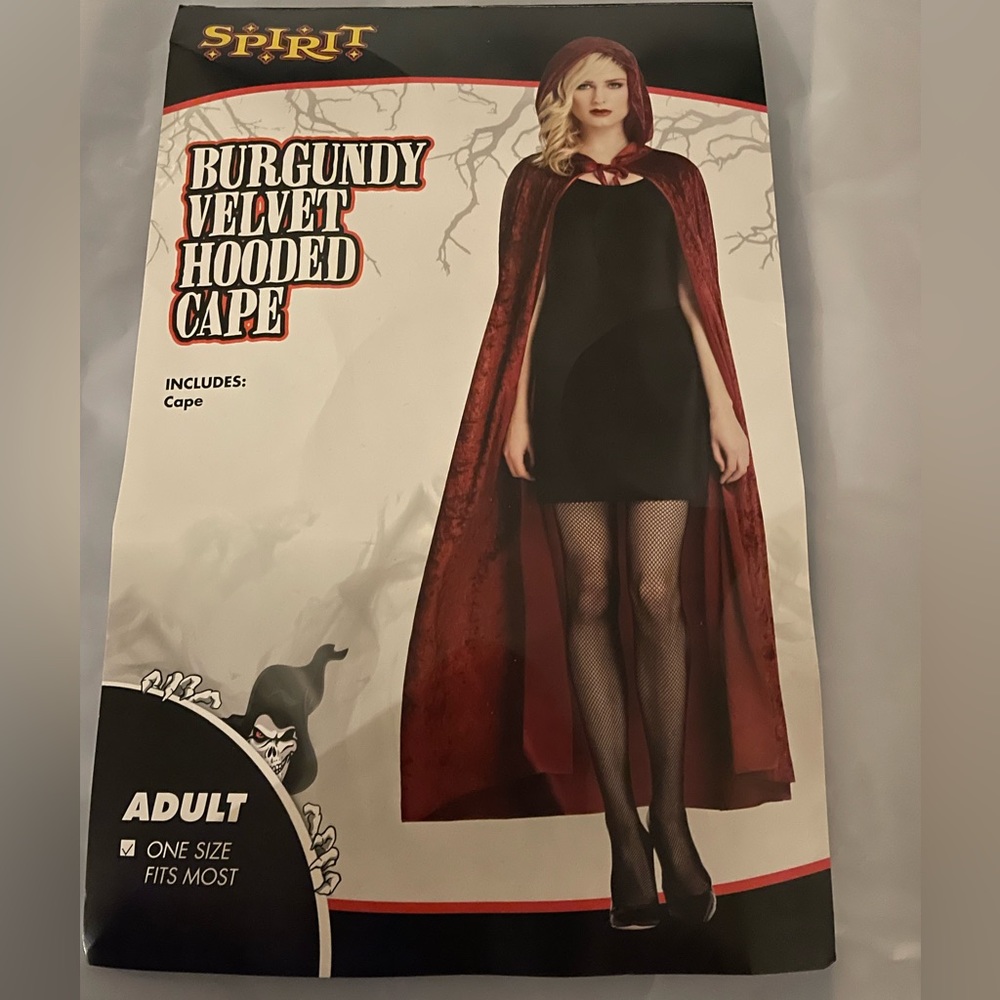 Halloween costume. Burgundy velvet hooded cape adult one size  one time use only